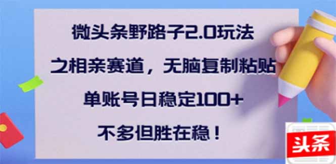 微头条野路子2.0玩法之相亲赛道，无脑搬砖复制粘贴，单账号日稳定300+…-鲁班聊项目