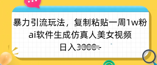 暴力引流玩法，复制粘贴一周1w粉，ai软件生成仿真人美女视频，日入多张-鲁班聊项目