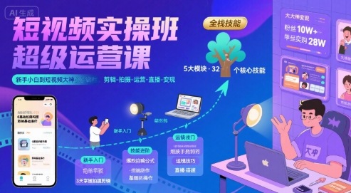 短视频实操班超级运营课,新手小白到短视频大神必修课程,剪辑-拍摄-运营-直播-变现-鲁班聊项目