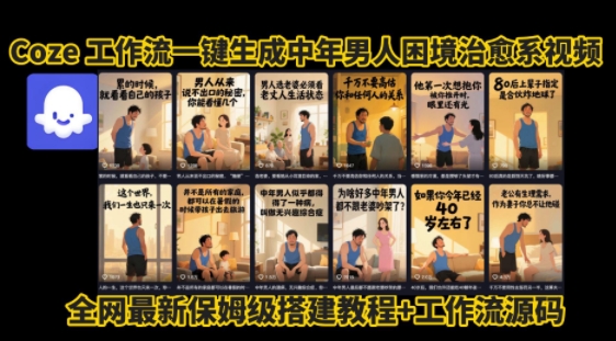 coze工作流一键生成”中年男人困境扎心高涨粉高播放量图文视频”保姆级拆解教程，无需剪辑，无需拍摄写文案-鲁班聊项目