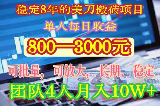 稳定8年的美刀搬砖项目，单人每日收益800—3000.团队4人月入10W+.可线下-鲁班聊项目