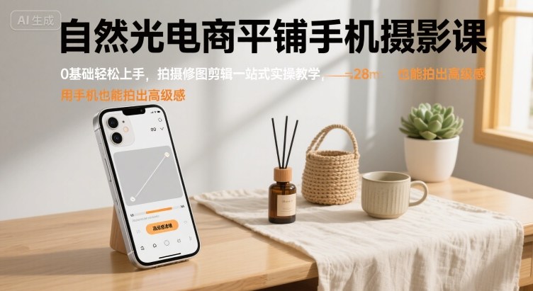 自然光电商平铺手机摄影课，0基础轻松上手，拍摄修图剪辑一站式实操教学，用手机也能拍出高级感-鲁班聊项目