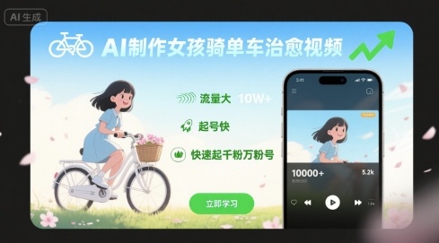 AI制作女孩骑单车治愈视频，流量大，起号快，快速起千粉万粉号-鲁班聊项目