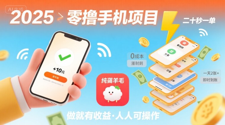2025年零撸手机项目，二十秒一单，纯薅羊毛 一天2张+做就有-鲁班聊项目