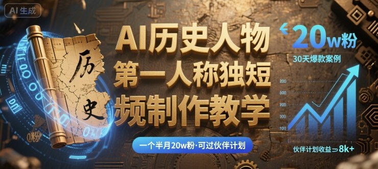 最新AI历史人物第一人称独白短视频制作教学,一个半月20w粉,可过伙伴计划-鲁班聊项目