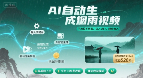 不用拍不用剪！AI自动生成烟雨视频，日入5张+，睡后收入-鲁班聊项目