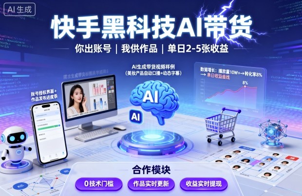 快手黑科技AI带货,你提供账号,我提供作品并发布,单日2-5张【揭秘】-鲁班聊项目
