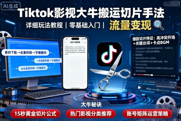 Tiktok影视大牛搬运切片手法，详细玩法教程-鲁班聊项目