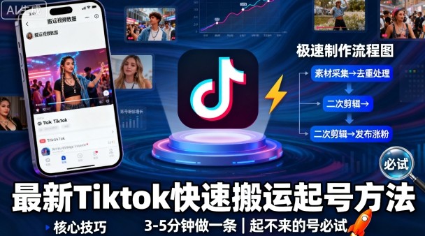 最新Tiktok快速搬运快速起号方法,3-5分钟做一条,起不来的号可以试试-鲁班聊项目