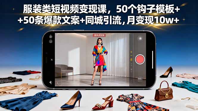 服装类短视频变现课，50个钩子模板+50条爆款文案+同城引流，月变现10w+-鲁班聊项目
