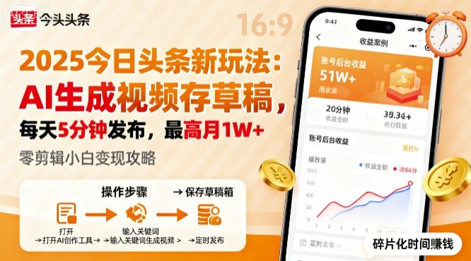 2025年今日头条躺賺新玩法，AI生成视频存草稿，每天5分钟发布，最高月1W+【揭秘】-鲁班聊项目