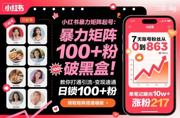 小红书暴力矩阵起号，教你打通引流-变现速通，日锁100+粉，破流量黑盒-鲁班聊项目