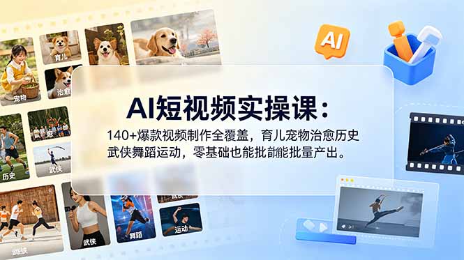 AI短视频实操课:140+爆款视频制作全覆盖,育儿宠物治愈历史武侠舞蹈运动,零基础也能批量产出-鲁班聊项目