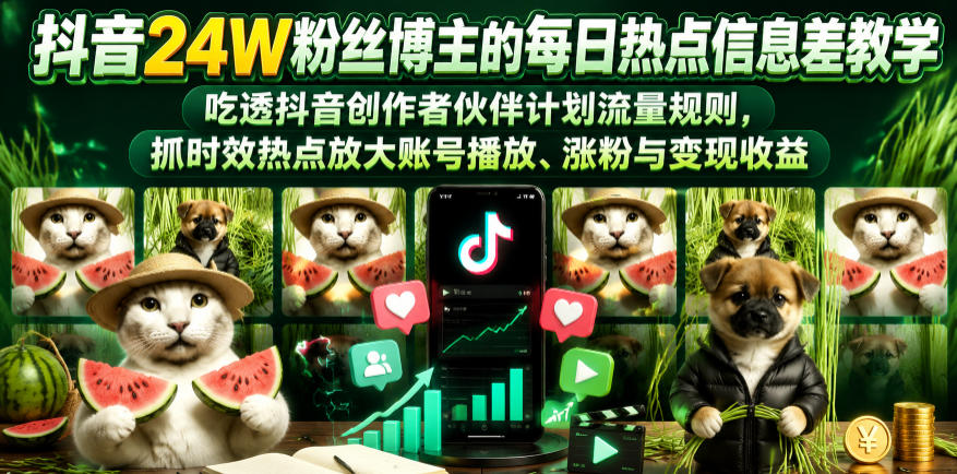 抖音24W粉丝博主的每日热点信息差教学,吃透创作者伙伴计划流量规则,抓时效热点放大账号播放、涨粉与变现收益-鲁班聊项目