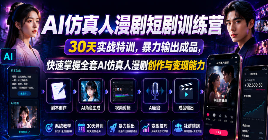 AI仿真人漫剧短剧训练营,30天实战特训,暴力输出成品,快速掌握全套AI仿真人漫剧创作与变现能力-鲁班聊项目