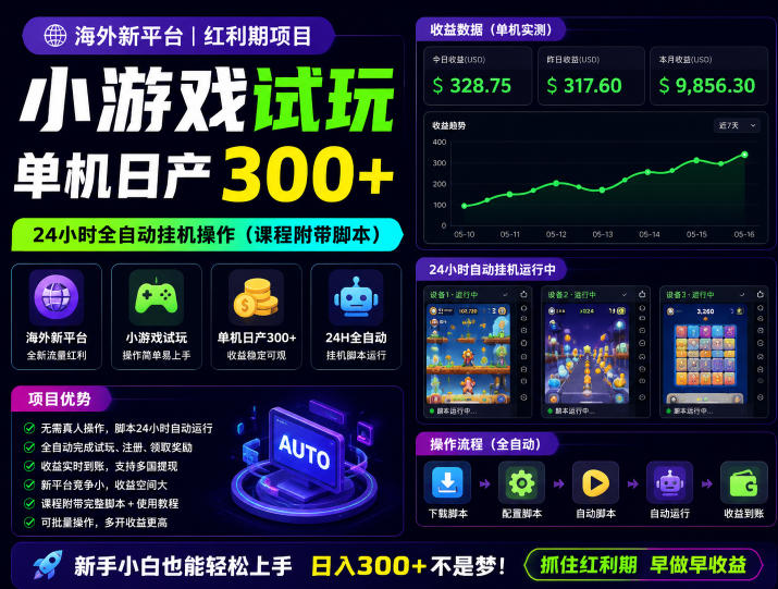 海外新平台，小游戏试玩，单机日产300+，24小时全自动挂G操作(课程附带脚本)【揭秘】-鲁班聊项目
