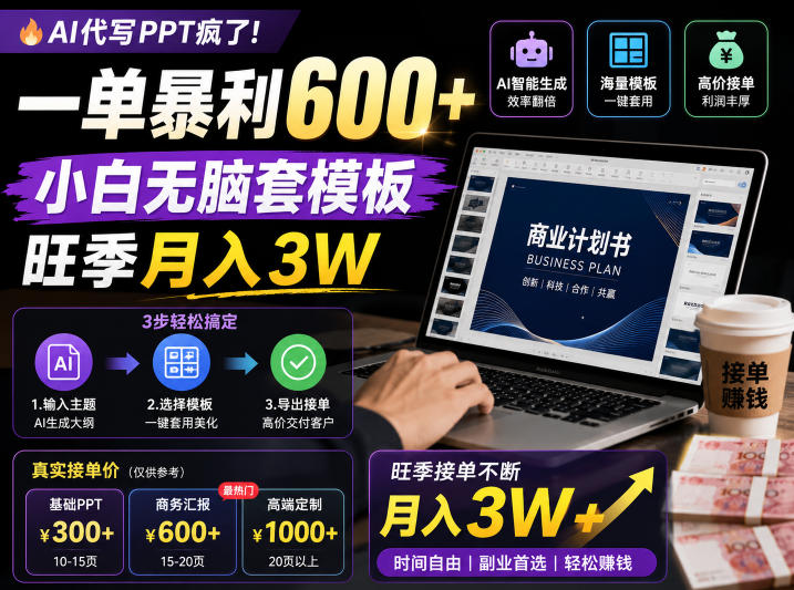 AI代写PPT疯了！一单暴利600+，小白无脑套模板，旺季月入3W，不用苦哈哈引流【揭秘】-鲁班聊项目