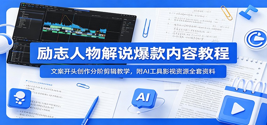 励志人物解说爆款内容教程：文案开头创作分阶剪辑教学，附AI 工具影视资源全套资料-鲁班聊项目